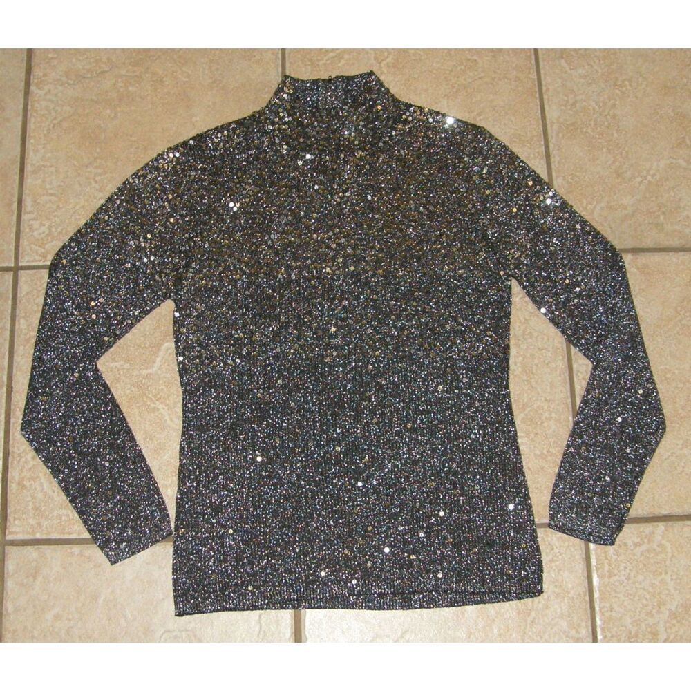 NEW Vintage Sparkly Silver Sequins Sz Large Stretchy Mock Neck Holiday Sweater